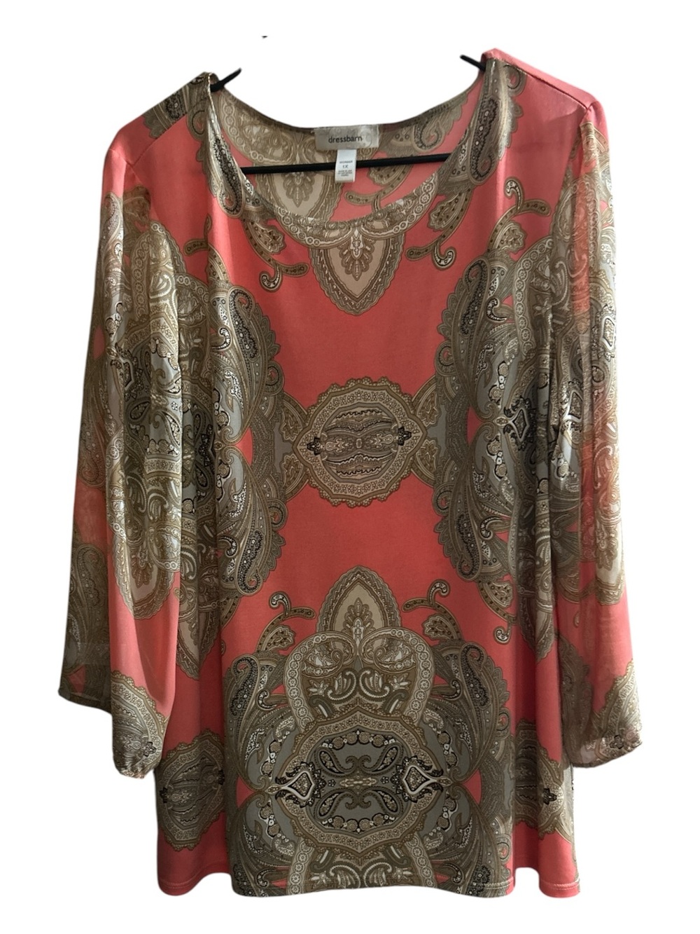 Dress Barn Coral and Taupe Paisley Scoop Neck Tunic Top